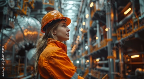 A determined woman, donning a hard hat and bright orange clothing, stands confidently in front of a factory building on a bustling street, ready to take on any challenge