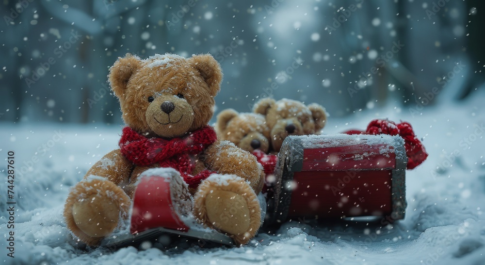 A cherished teddy bear eagerly awaits a snowy adventure on his trusty sled, accompanied by two vibrant red boxes A cherished teddy bear eagerly awaits a snowy adventure on his trusty sled, accompanied by two vibrant red boxes