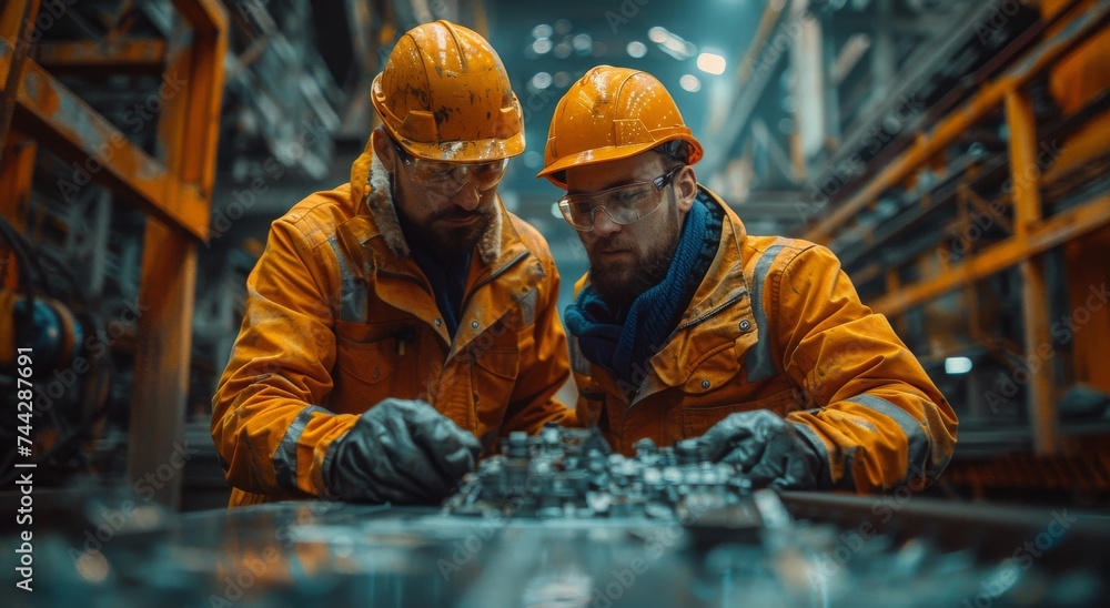 A group of dedicated bluecollar workers, donning their orange jackets and hard hats, gather around a piece of metal with focused expressions on their human faces, ready to use their engineering skill A group of dedicated bluecollar workers, donning their orange jackets and hard hats, gather around a piece of metal with focused expressions on their human faces, ready to use their engineering skill