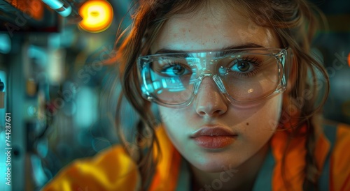 A stylish girl with glasses exudes confidence and intelligence as she poses for a portrait indoors, showcasing her fashionable eyewear and attention to vision care