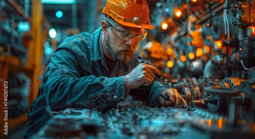 Focused technician donning his blue-collar workwear, diligently operating machinery in the bustling factory with his hard hat and glasses