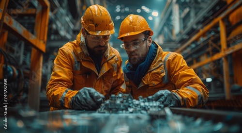 A group of dedicated bluecollar workers, donning their orange jackets and hard hats, gather around a piece of metal with focused expressions on their human faces, ready to use their engineering skill