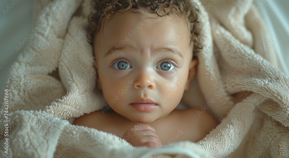 A cherubic newborn boy rests peacefully in a cozy towel, his delicate skin and soft cheek peeking out from beneath the warm blanket A cherubic newborn boy rests peacefully in a cozy towel, his delicate skin and soft cheek peeking out from beneath the warm blanket