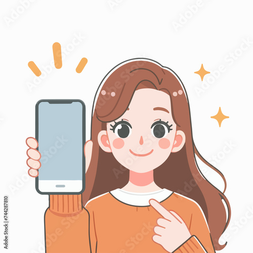 flat design illustration concept of woman pointing a finger at an empty smartphone screen