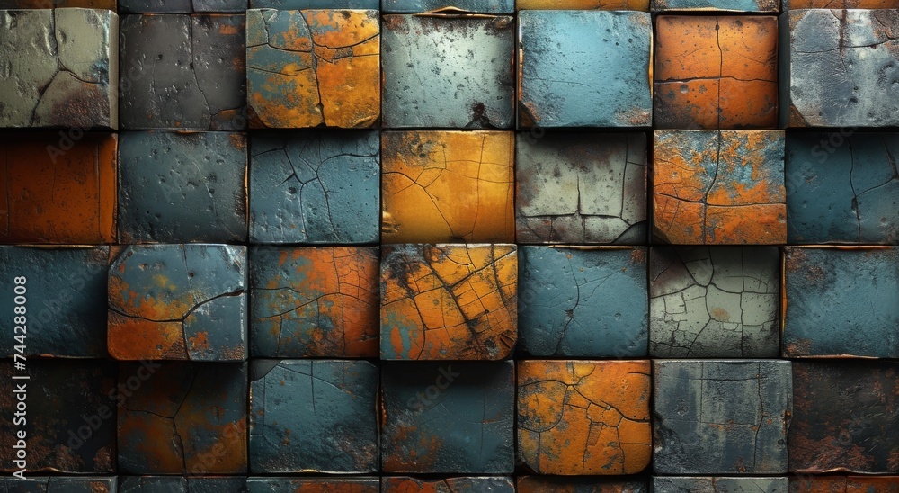 An abstract and colorful wall of blue and orange squares, constructed with the symmetrical pattern of bricks, showcases the vibrant beauty of building materials in shades of rust and brown An abstract and colorful wall of blue and orange squares, constructed with the symmetrical pattern of bricks, showcases the vibrant beauty of building materials in shades of rust and brown