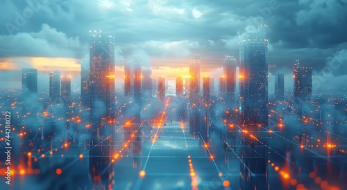 Amidst the towering skyscrapers, a city glows with the ethereal dance of lights and clouds, creating a captivating skyline against the endless expanse of the sky