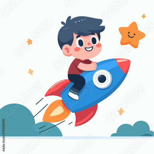 flat design illustration concept of cute boy flying to the start with rocket