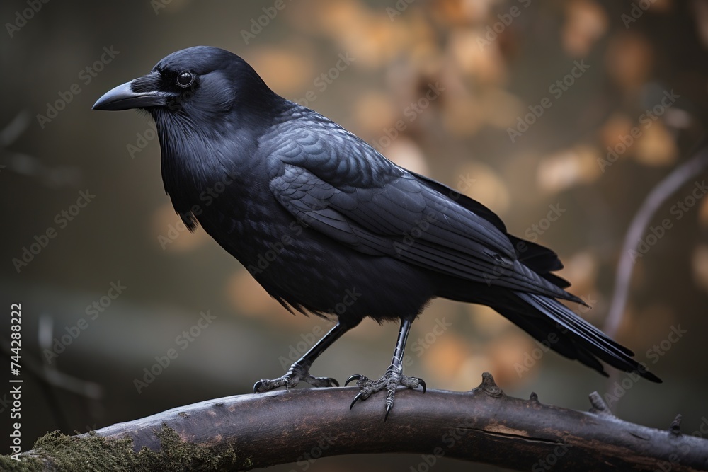 Fototapeta premium Beautiful raven on a branch in the park. Nature concept. Birds