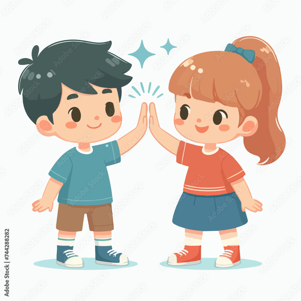 flat design illustration concept of a boy and girl showing friendship with a high five