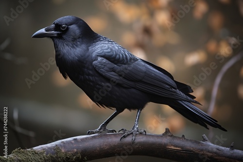Beautiful raven on a branch in the park. Nature concept. Birds