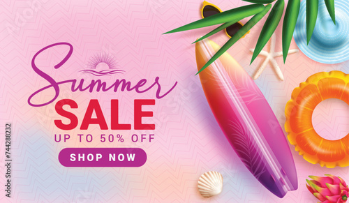 Summer sale text vector banner design. Summer sale promotion discount price with surfboard, floaters, hat and sunglasses beach elements for flyers and brochure background. Vector illustration summer 