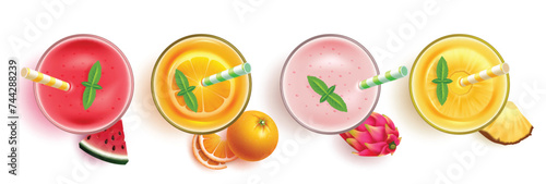Summer drink juice vector set design. Summer tropical fruit drinks in watermelon, orange, dragon fruit and pine apple flavors collection for season refreshment beverage. Vector illustration summer 