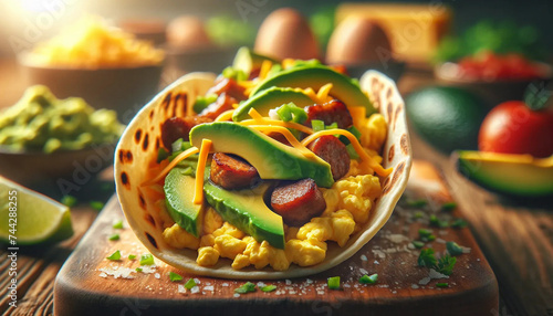A breakfast taco, filled to the brim with savory ingredients including eggs, sausage, avocado, and cheese photo