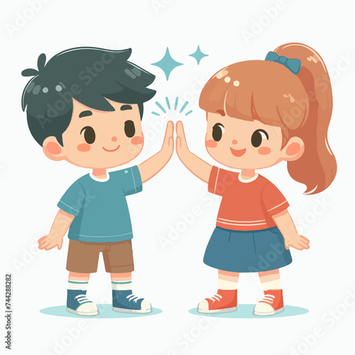 flat design illustration concept of a boy and girl showing friendship with a high five