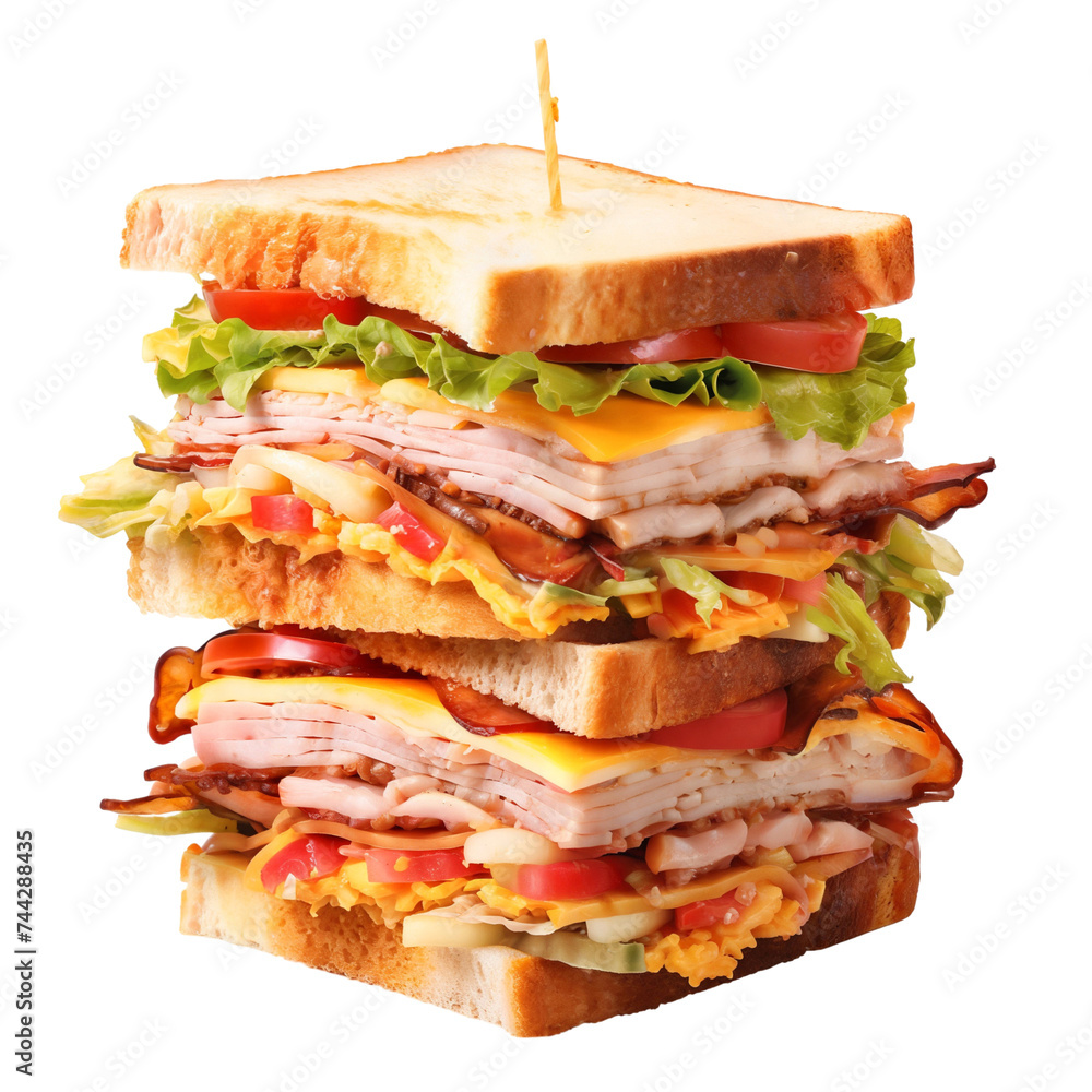 Large sandwich with beef, vegetables and cheese, isolated on transparent background