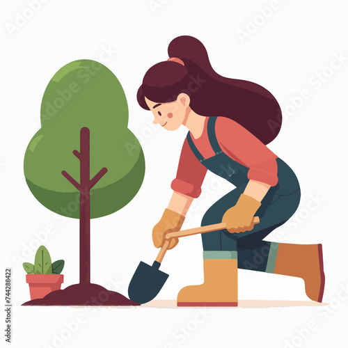 farming flat design illustration concept, young girl planting plant