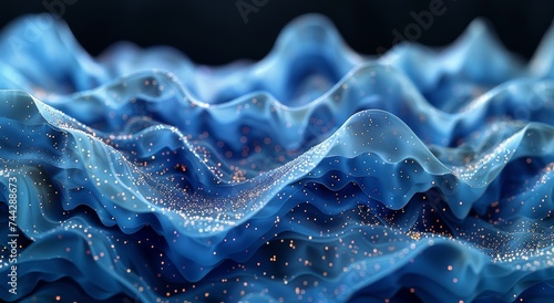 Mesmerizing electric blue waves flow effortlessly across a fluid surface, speckled with delicate dots that evoke a sense of serene movement and abstract beauty
