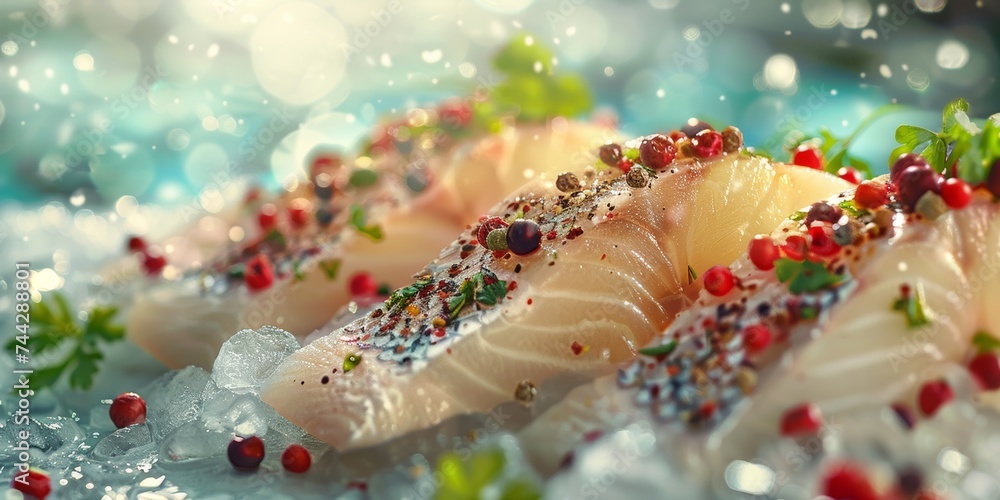 Seafood market display of fresh Pangasius fillets on chilled ice, gourmet culinary selection