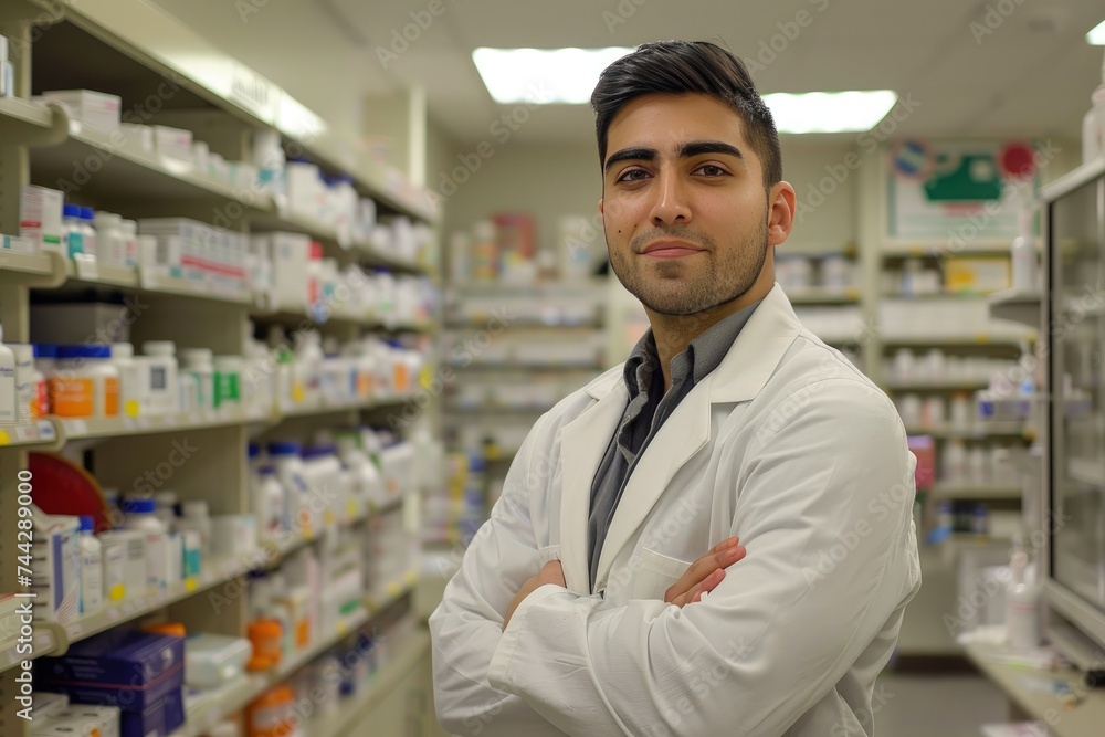 A young handsome Asian male pharmacist looking confident standing with arms crossed gesture at the pharmacy. Healthcare help desk, wellness or happy doctor smiling by medication on shelf in drugstore.