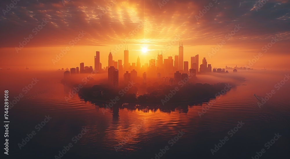 As the sun sets over the city, its rays pierce through the fog and illuminate the skyscrapers, creating a stunning landscape of glowing horizons and reflecting waters