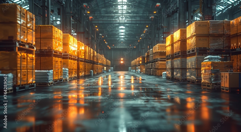 Amidst the glowing lights of the city at night, a towering warehouse stands, its reflective surfaces casting a mesmerizing glow as boxes are stacked inside, a testament to the organized chaos of urba Amidst the glowing lights of the city at night, a towering warehouse stands, its reflective surfaces casting a mesmerizing glow as boxes are stacked inside, a testament to the organized chaos of urba