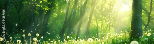 Dandelions in the forest with a beautiful sunbeam © powerstock