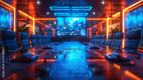 A virtual reality conference room where financial advisors from around the world come together to discuss emerging technologies in the field. The room is equipped with stateoftheart