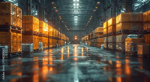 Amidst the glowing lights of the city at night, a towering warehouse stands, its reflective surfaces casting a mesmerizing glow as boxes are stacked inside, a testament to the organized chaos of urba