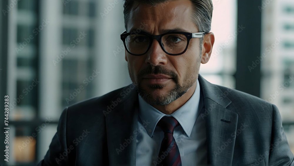 A middle-aged handsome man in a business suit and glasses is working at the laptop; reading; thinking hard; problem-solving; concentrated.blur background. A middle-aged handsome man in a business suit and glasses is working at the laptop; reading; thinking hard; problem-solving; concentrated.blur background.
