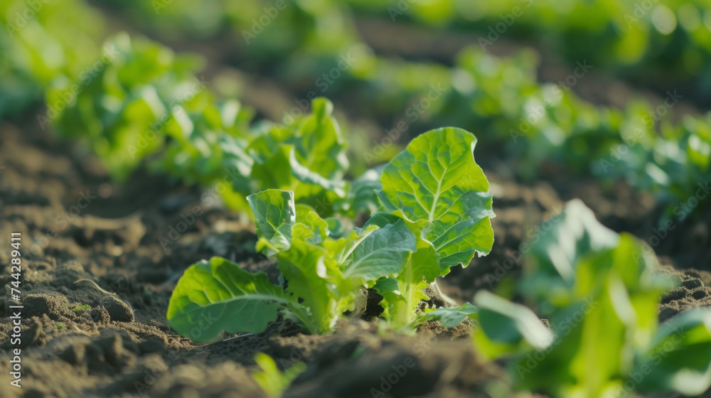 Fototapeta premium A row of crisp emeraldgreen lettuce shoots pushing their way towards the surface each one a promise of a fresh crunchy salad.