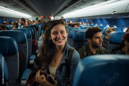 Joyful woman sitting in passenger chair in airplane