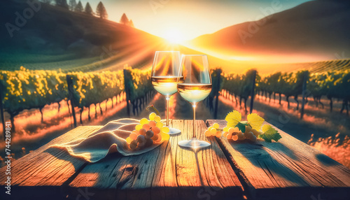 Two glasses of white wine on a rustic wooden table, set against the backdrop of vibrant California vineyards at sunset photo