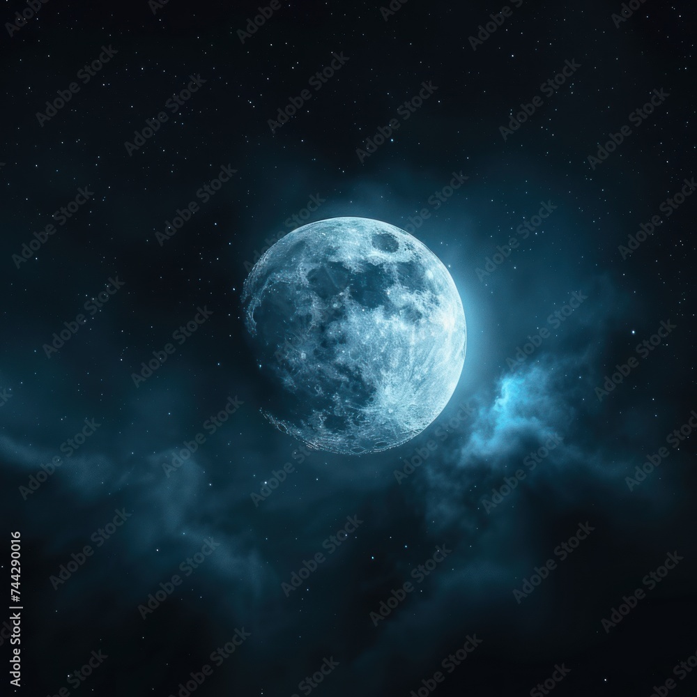 The luminous lunar object from close range is a beautiful lens capture, surrounded by dramatic dark clouds merging in the aesthetic darkness of the Milky Way galaxy. Generative Ai