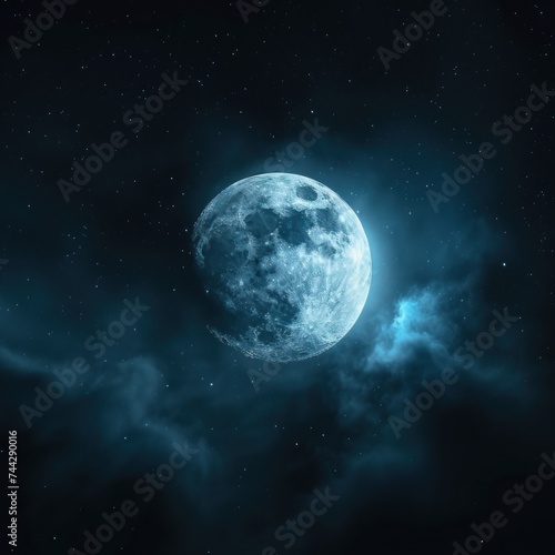 The luminous lunar object from close range is a beautiful lens capture, surrounded by dramatic dark clouds merging in the aesthetic darkness of the Milky Way galaxy. Generative Ai © callmeers