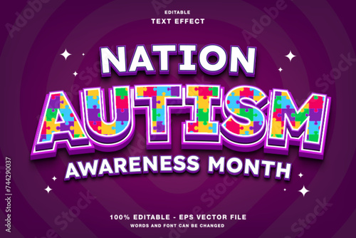 Nation Autism Awareness Month 3D Editable Text Effect Template Style Premium Vector