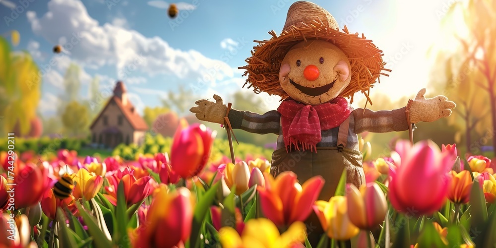 Cheerful scarecrow in a vibrant tulip garden symbolizes joyful spring and rural charm