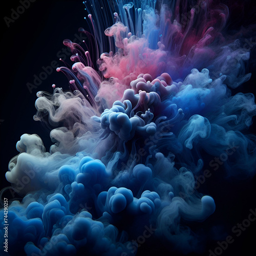 Trendy Abstract Multicolored Colorful Blue & Purple Powder Mix Explosion Smoke Puff Cloud Formation Against Dark Background. Flowing Hookah Poison Gas, Space Violet Dust Gradient Wave Fog Water Effect