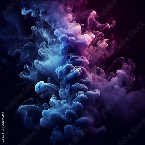 Trendy Abstract Multicolored Colorful Blue & Purple Powder Mix Explosion Smoke Puff Cloud Formation Against Dark Background. Flowing Hookah Poison Gas, Space Violet Dust Gradient Wave Fog Water Effect