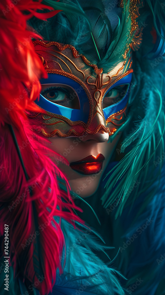 Women wearing female mask with colorful feathers