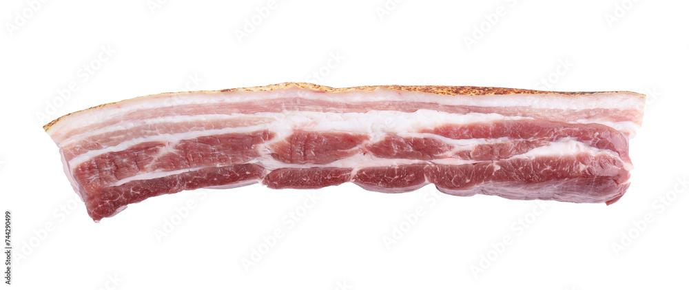 One piece of raw pork belly isolated on white, above view