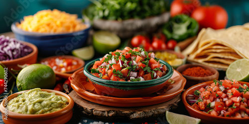 Variedad de salsas preparadas, comida mexicana photo