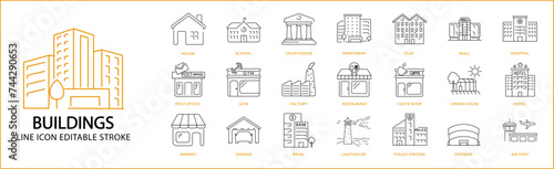 Building line icons. Building set icon. Building icon set. Vector illustration. Editable stroke.