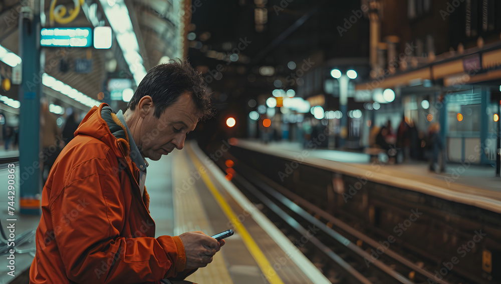 a man looking at his phone at a train station. Generative AI a man looking at his phone at a train station. Generative AI