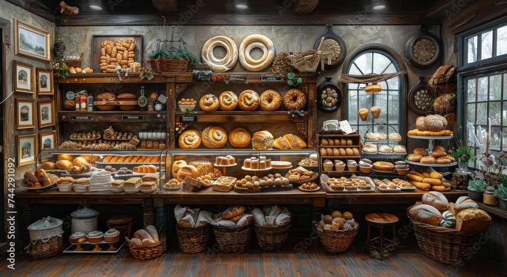 A mouthwatering array of freshly baked goods, artfully arranged on shelves in a charming bakery, inviting customers to indulge in a delicious and comforting snack A mouthwatering array of freshly baked goods, artfully arranged on shelves in a charming bakery, inviting customers to indulge in a delicious and comforting snack