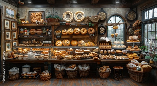 A mouthwatering array of freshly baked goods, artfully arranged on shelves in a charming bakery, inviting customers to indulge in a delicious and comforting snack photo