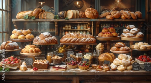 A tempting array of freshly baked delicacies, from crusty loaves of bread to decadent pastries, is beautifully displayed in an indoor bakery, inviting customers to indulge in a variety of mouth-water