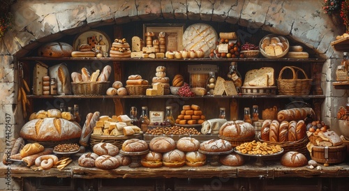 A mouth-watering assortment of freshly baked pastries and breads, elegantly displayed on a rustic wooden shelf in a cozy bakery shop, beckoning customers to indulge in a delectable snack