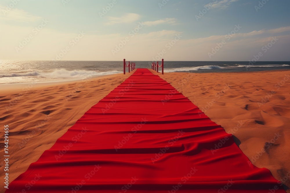 Red carpet beach. Holiday sand coast. Generate Ai