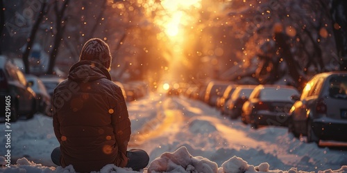 A lone figure braves the winter chill, huddled by their car as a blazing fire roars to life, bringing much-needed warmth to the frozen street