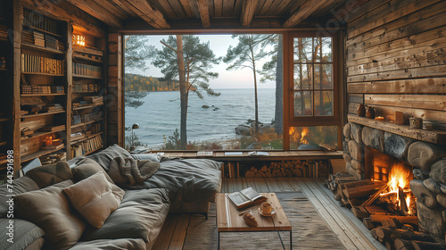 A cabin by the lake, indoor view through the window, cabin with a comfy couch in the front, a fireplace, and a large window where we can see the ocean and trees, small cottage